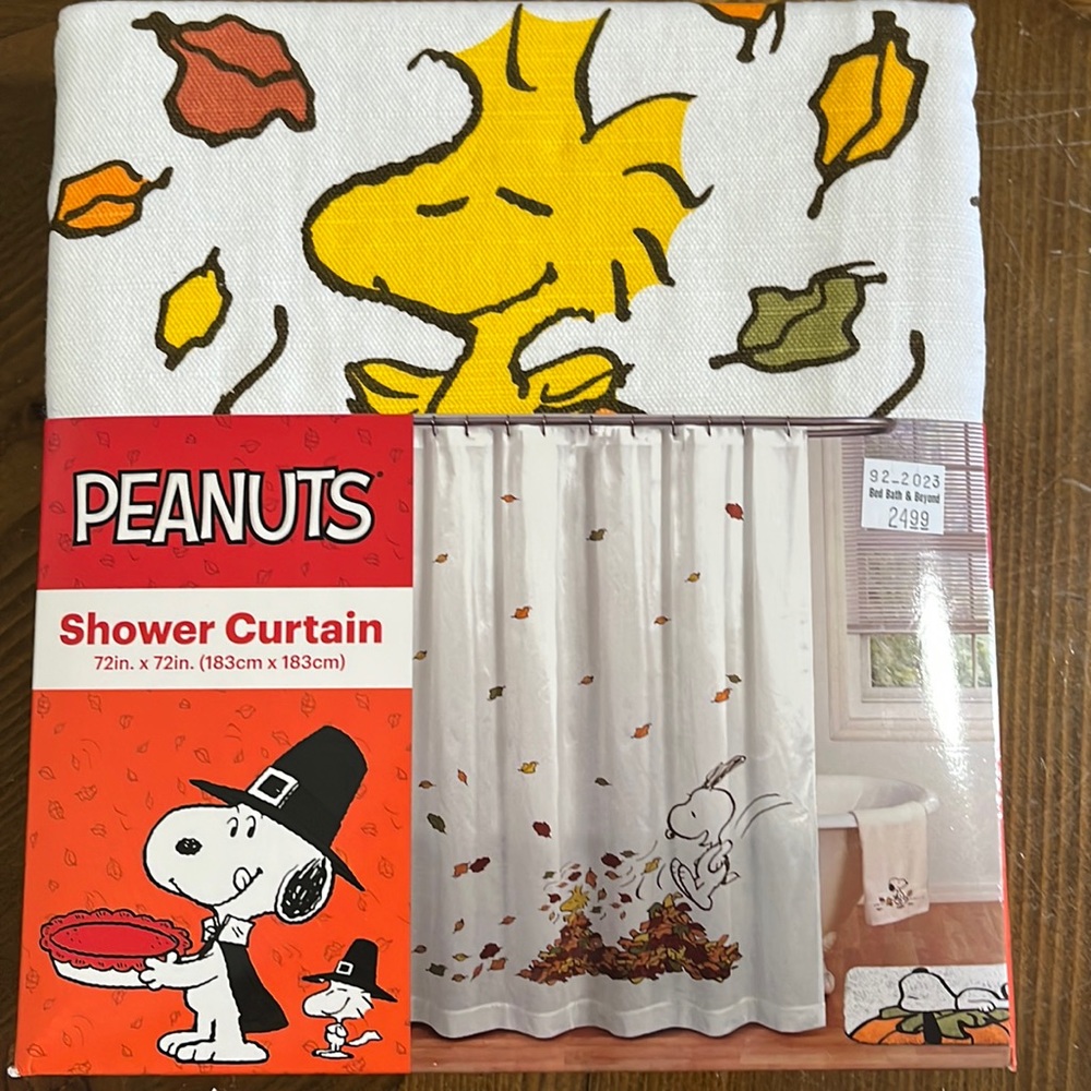 New in package Peanuts shower curtain. Great for fall in kid’s bathroom